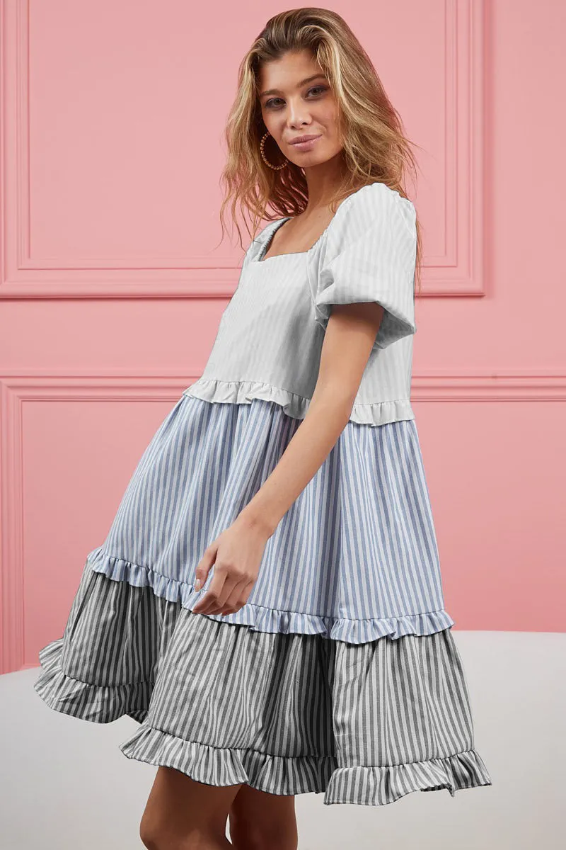 BiBi Striped Ruffle Tiered Mini Dress