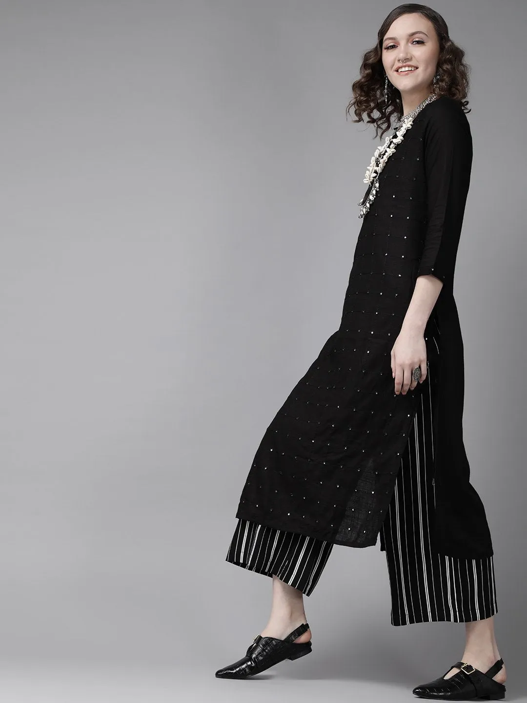 Black Embellished A-Line Kurta