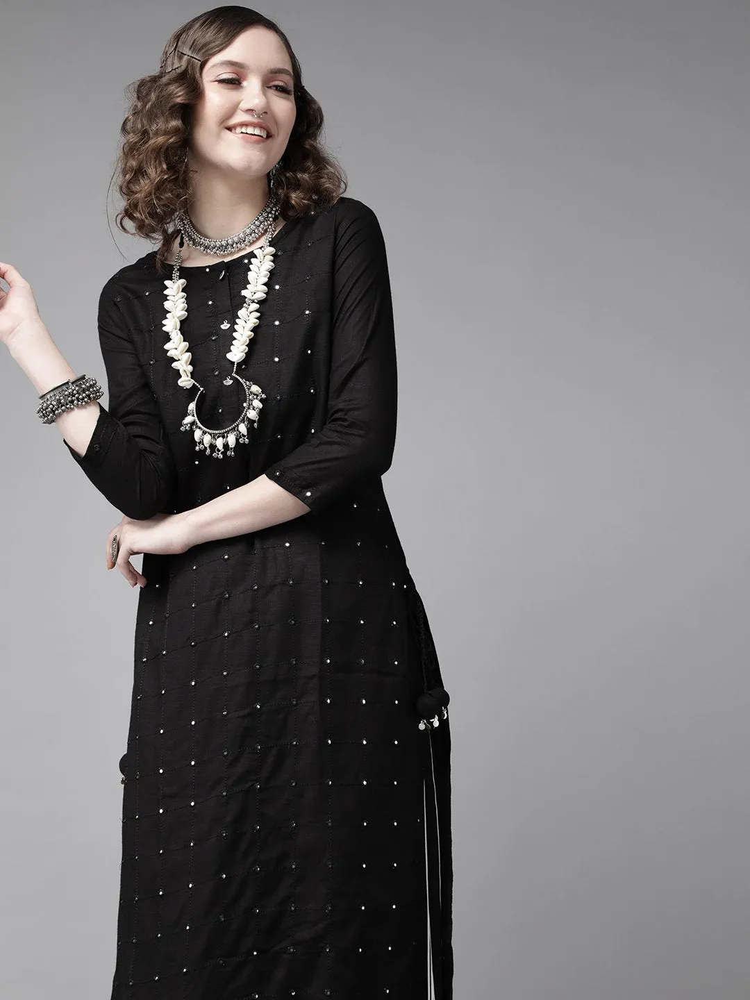 Black Embellished A-Line Kurta