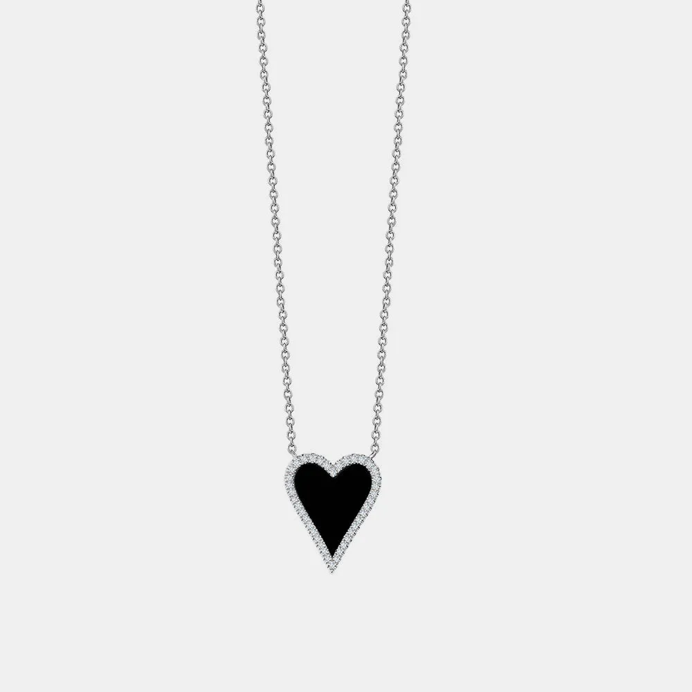 Black Onyx Diamond Border Pointy Heart Necklace