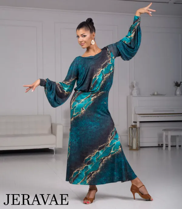 Body Positive Senga Dancewear TRIBAL Turquoise and Gold Pattern Ballroom Practice Dress with Lantern Sleeves and Elastic Waistline in Sizes XL-4XL PRA 968 in Stock