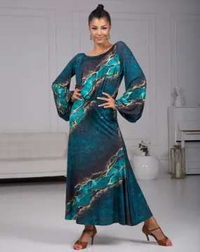 Body Positive Senga Dancewear TRIBAL Turquoise and Gold Pattern Ballroom Practice Dress with Lantern Sleeves and Elastic Waistline in Sizes XL-4XL PRA 968 in Stock