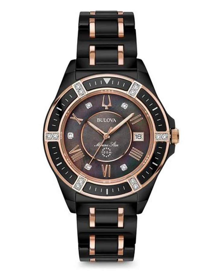 Bulova Womens Marine Star Watch - Black Ceramic - Diamonds - Rose Gold-Tone