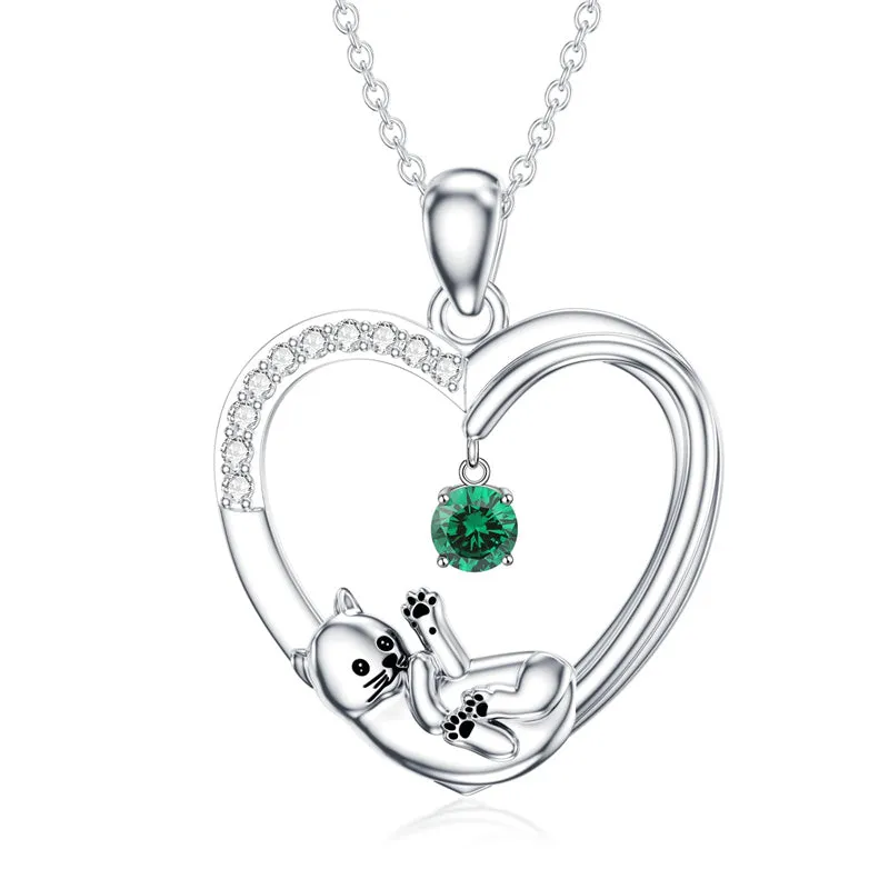 Cat Heart Necklace with Synthetic Birthstone Silver Cat Birthstone Necklace Gift for Women Girls