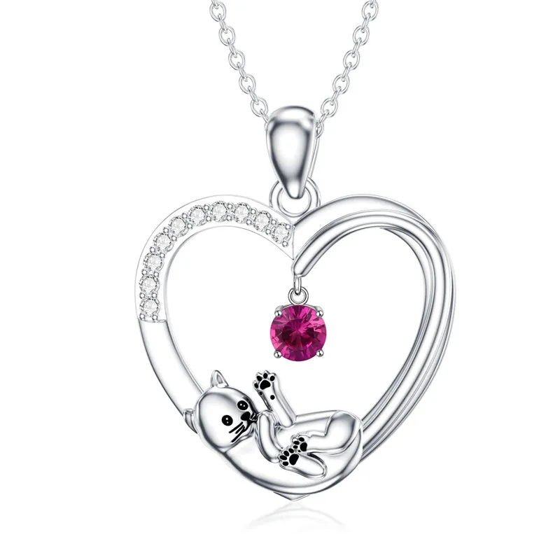 Cat Heart Necklace with Synthetic Birthstone Silver Cat Birthstone Necklace Gift for Women Girls