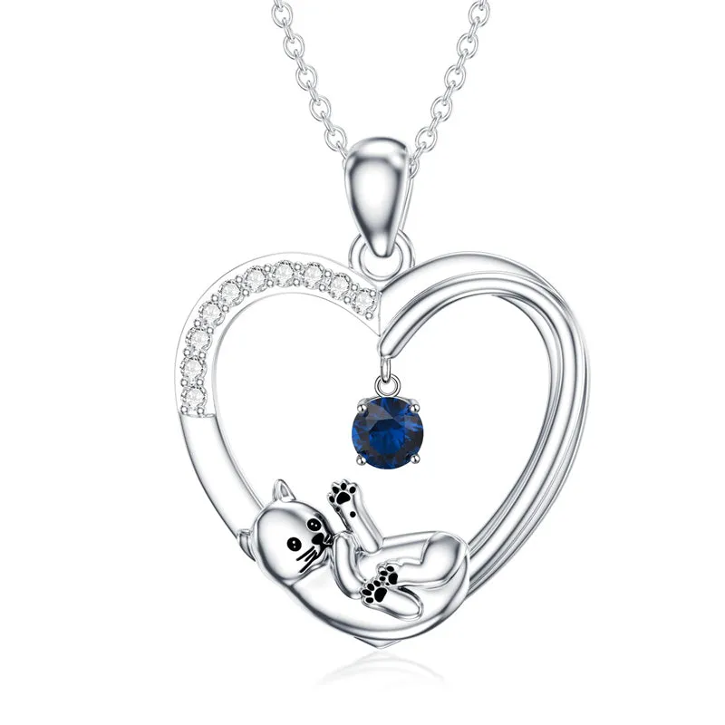 Cat Heart Necklace with Synthetic Birthstone Silver Cat Birthstone Necklace Gift for Women Girls