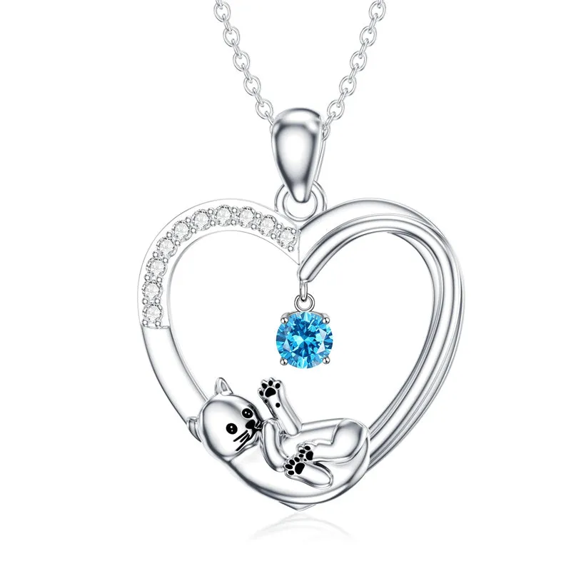 Cat Heart Necklace with Synthetic Birthstone Silver Cat Birthstone Necklace Gift for Women Girls