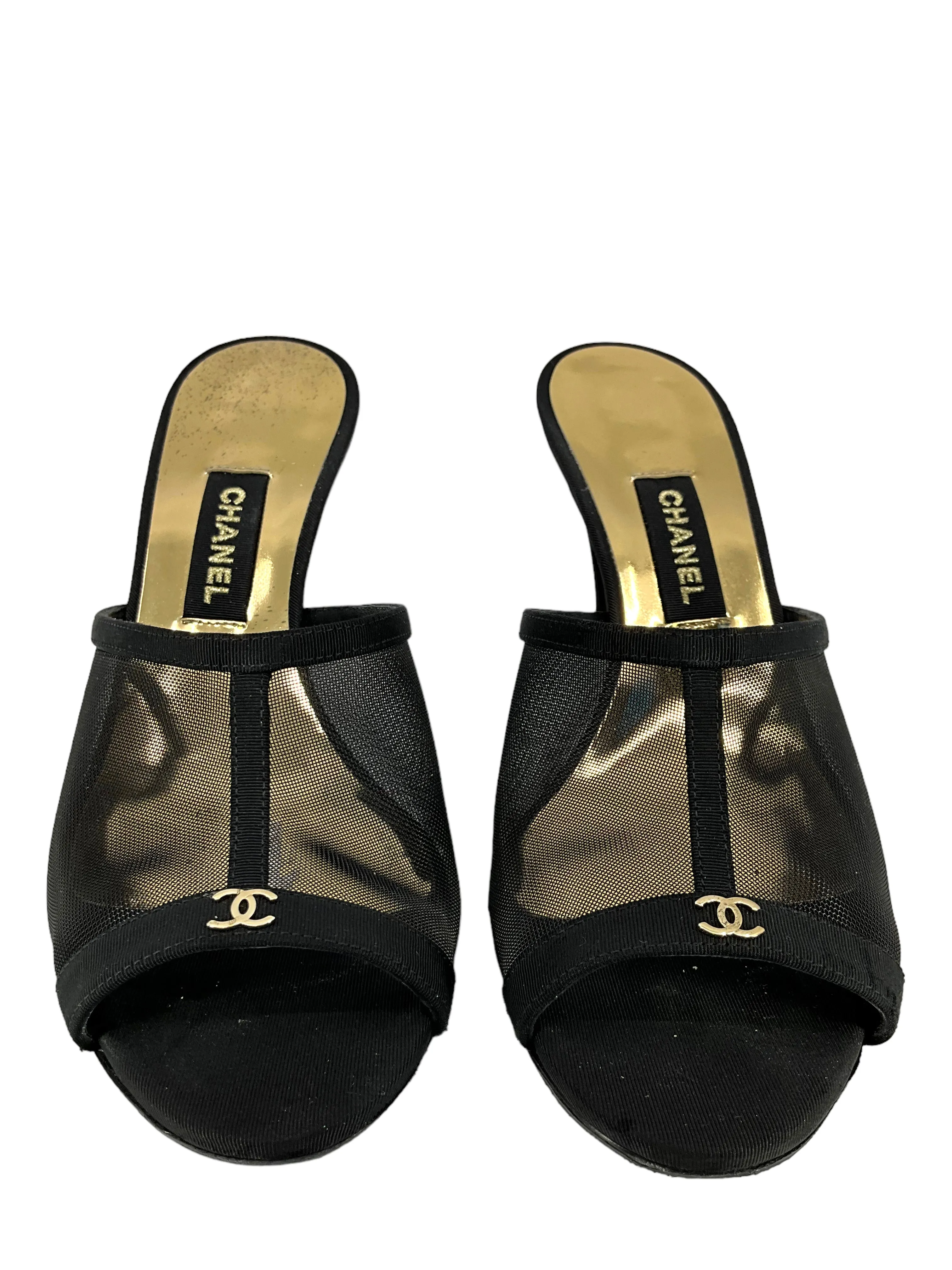 CHANEL 21S Mesh and Grosgrain CC Logo Mules Size 9.5