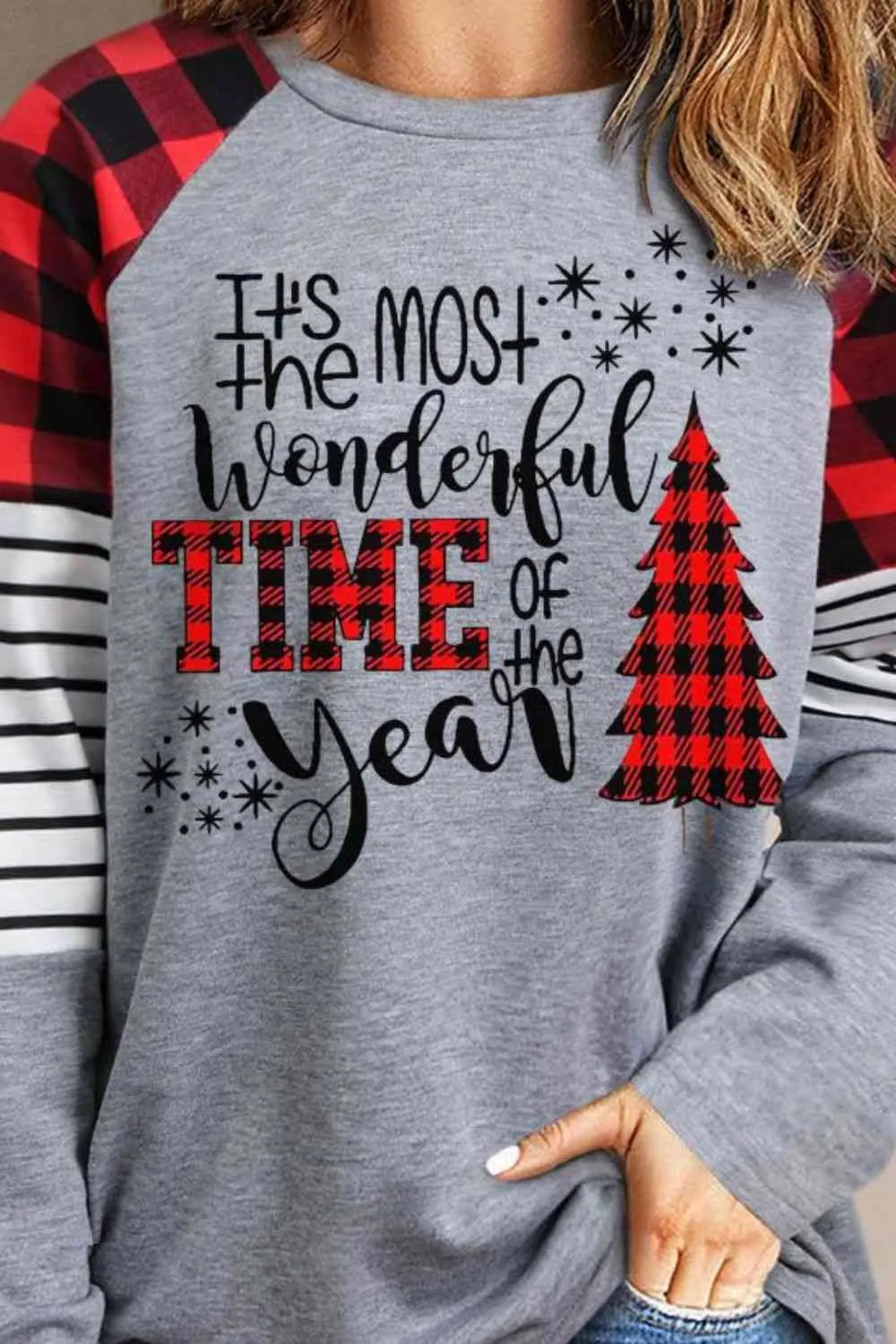 Christmas Mixed Print Letter Graphic Raglan Sleeve Top