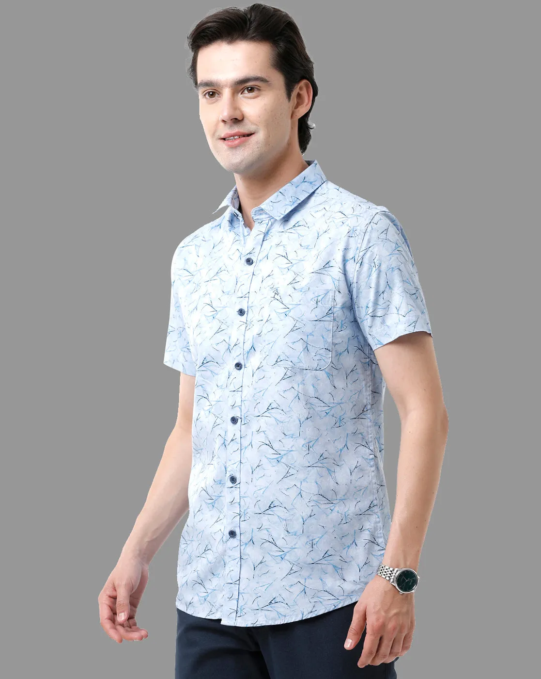 CP BRO Men's Cotton Half Sleeve Printed Slim Fit Polo Neck Sky Blue Color Woven Shirt | Sbn2-63 A