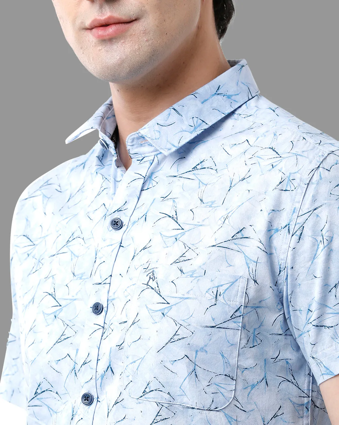 CP BRO Men's Cotton Half Sleeve Printed Slim Fit Polo Neck Sky Blue Color Woven Shirt | Sbn2-63 A