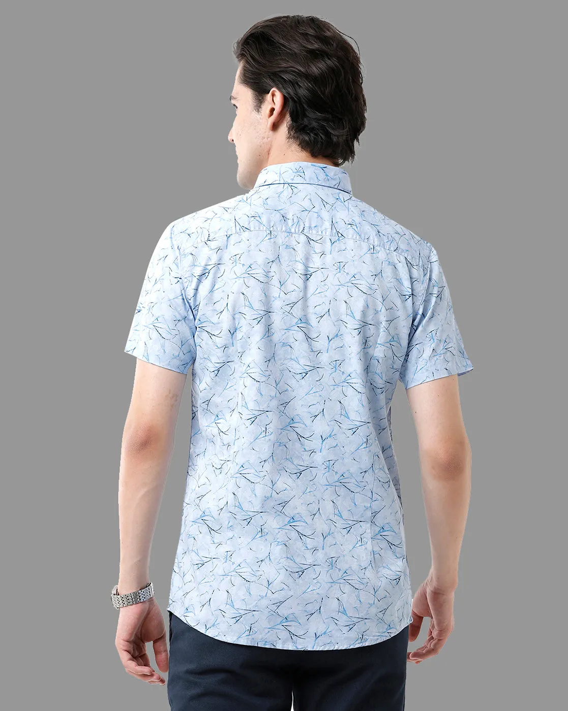 CP BRO Men's Cotton Half Sleeve Printed Slim Fit Polo Neck Sky Blue Color Woven Shirt | Sbn2-63 A