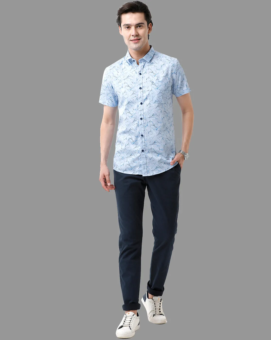 CP BRO Men's Cotton Half Sleeve Printed Slim Fit Polo Neck Sky Blue Color Woven Shirt | Sbn2-63 A