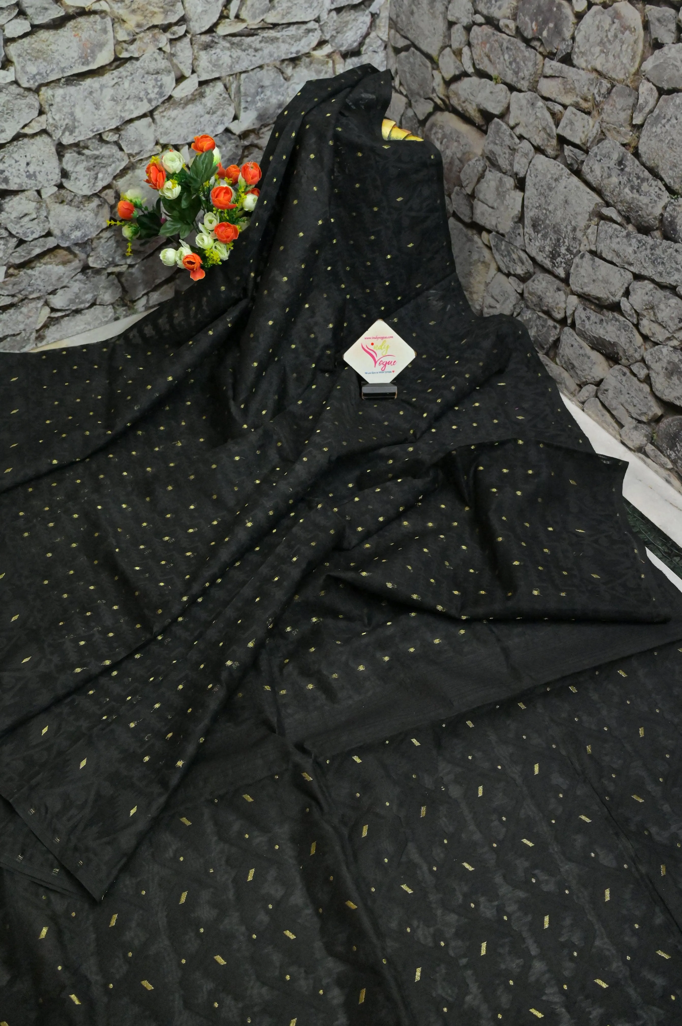 Deep Black Color Jamdani Saree with Gujrati Stitched Blouse Piece