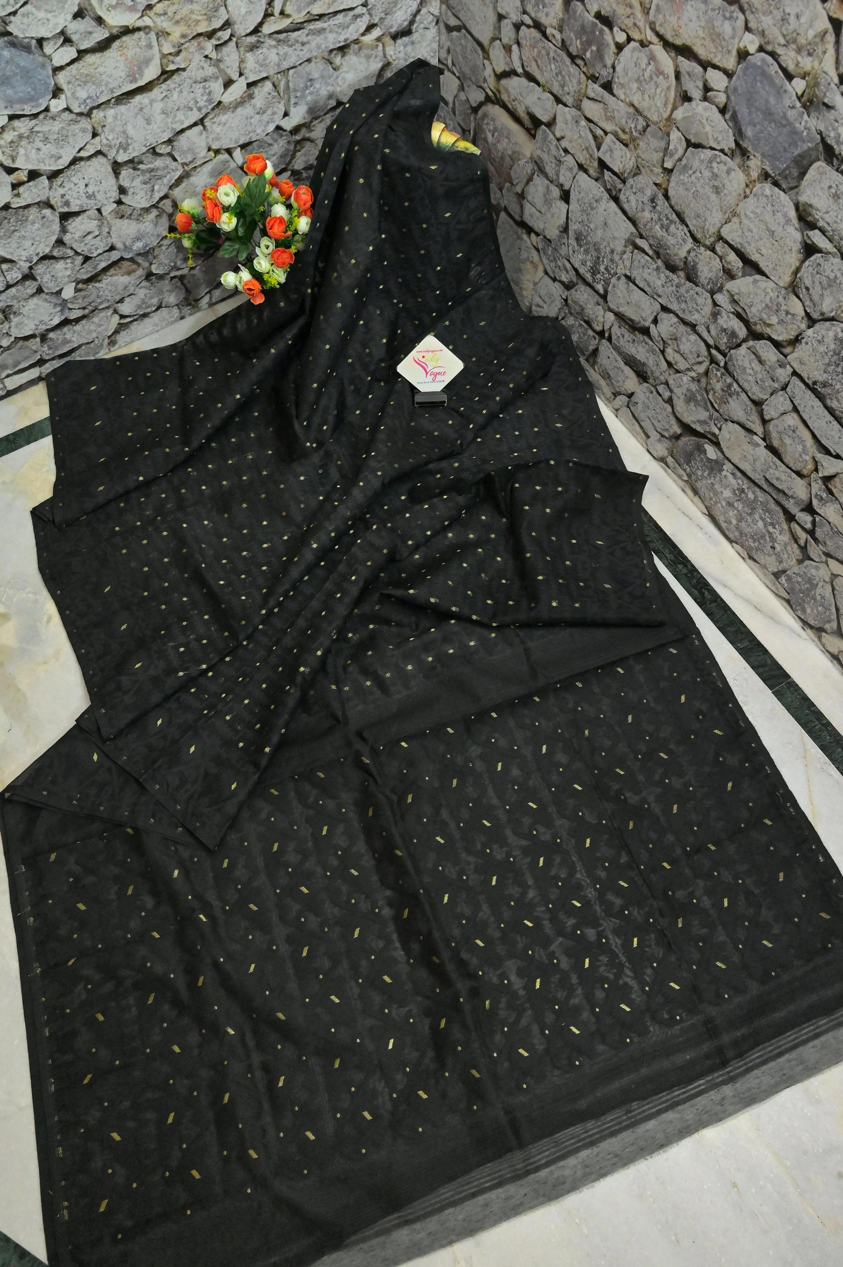 Deep Black Color Jamdani Saree with Gujrati Stitched Blouse Piece