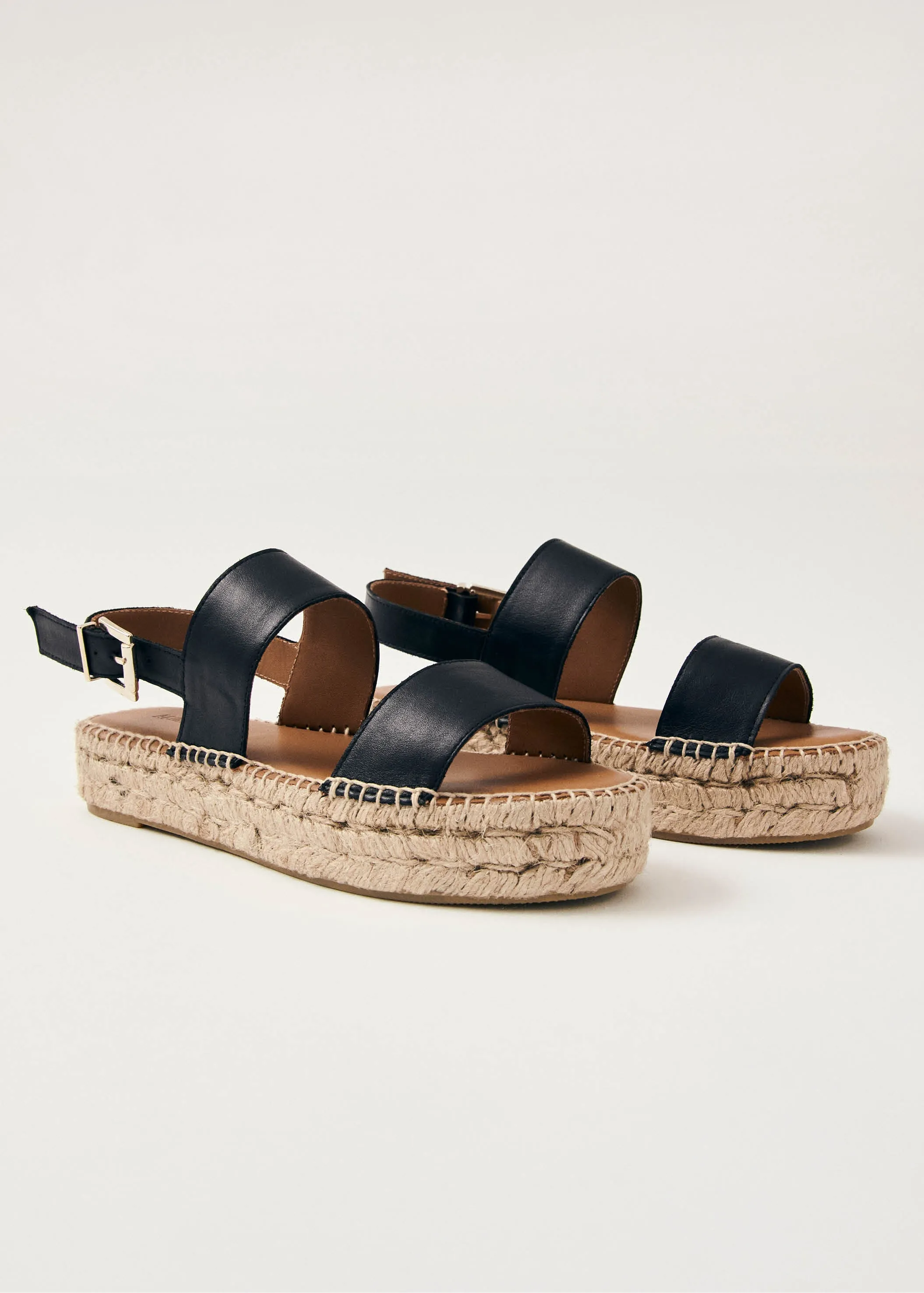 Double Strap Black Leather Espadrilles