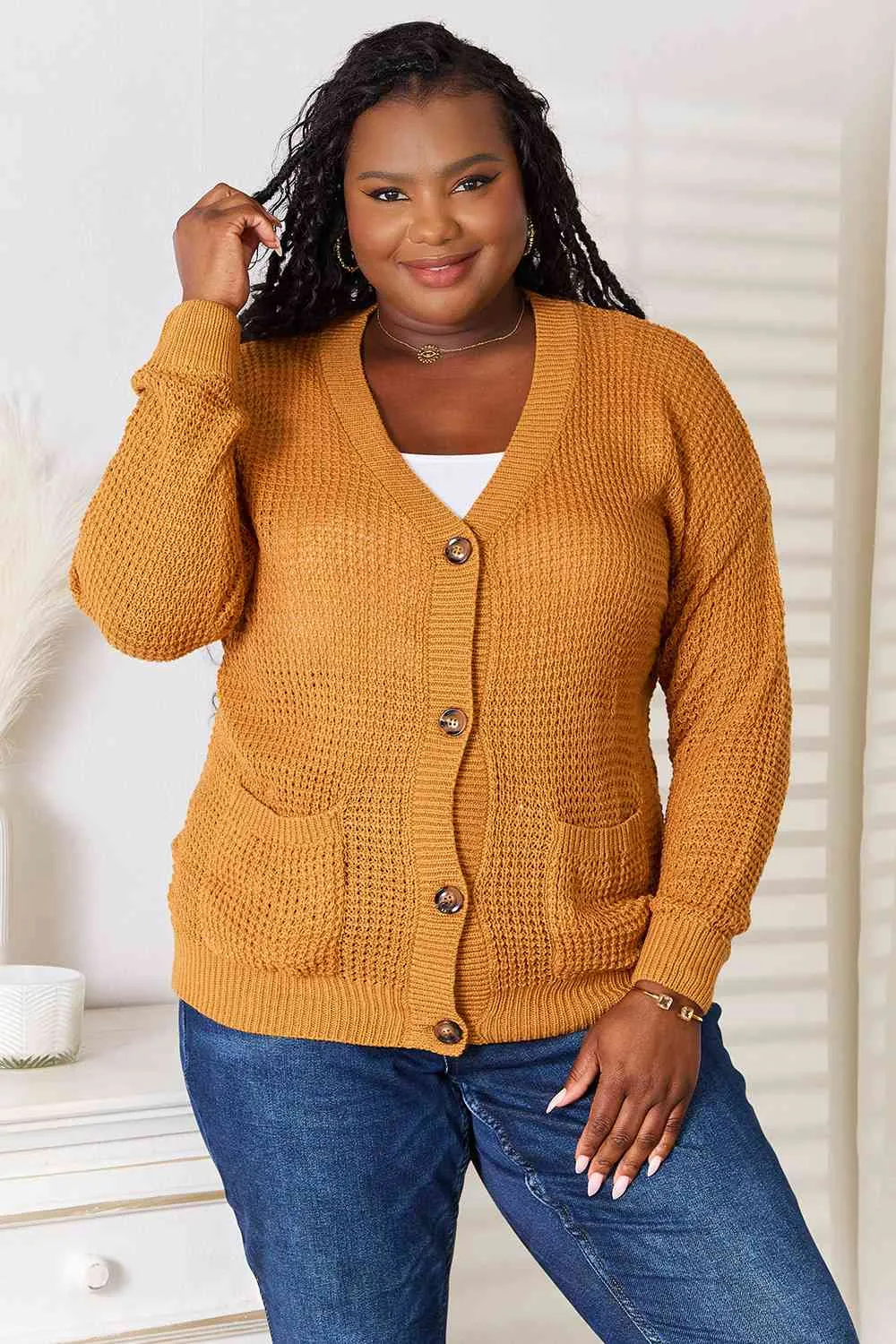 Double Take Drop Shoulder Button Down Cardigan with Pockets