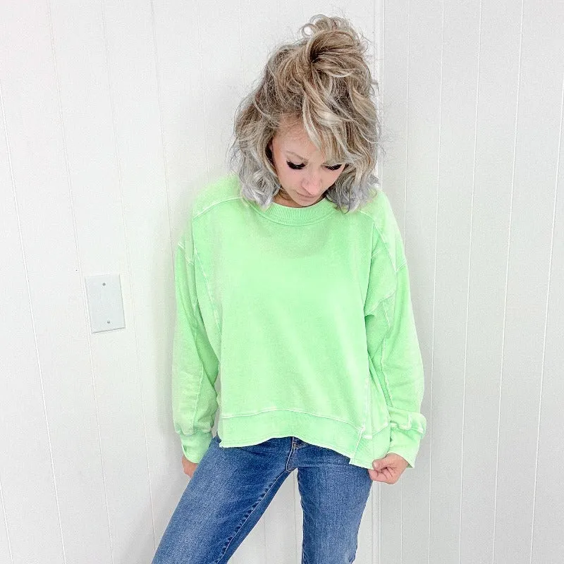 Easel Washed Lime Lightweight Long Sleeve Pullover