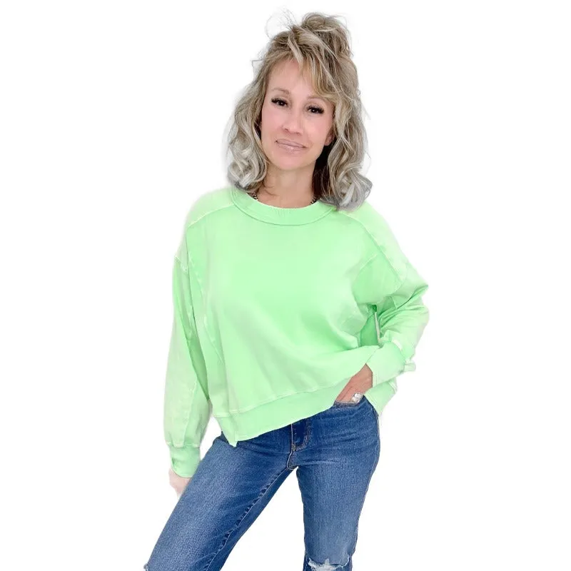 Easel Washed Lime Lightweight Long Sleeve Pullover