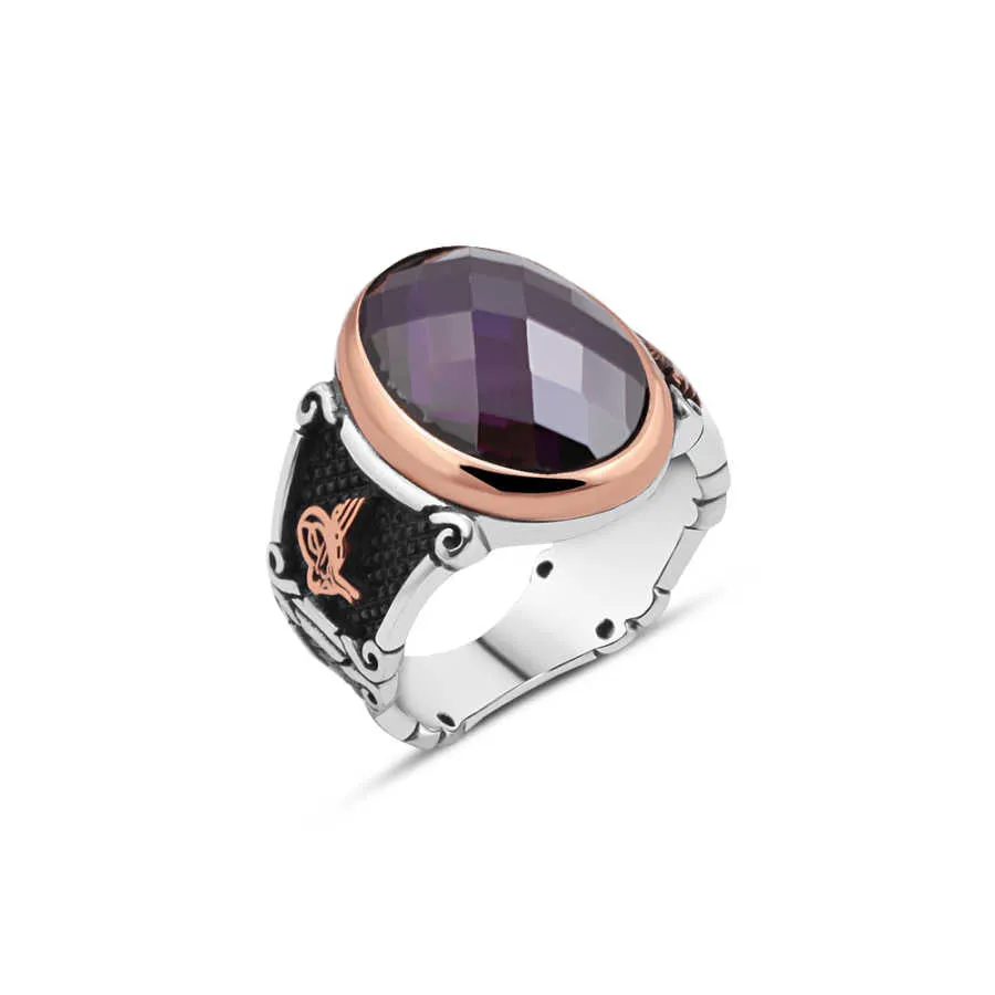 Facet Cut Purple Ellipse Amethyst Stone Silver Men’s Ring Siding Ottoman Tughra