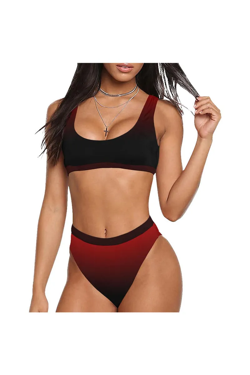 Fade Red to Black Sport Top & High-Waist Bikini Swimsuit