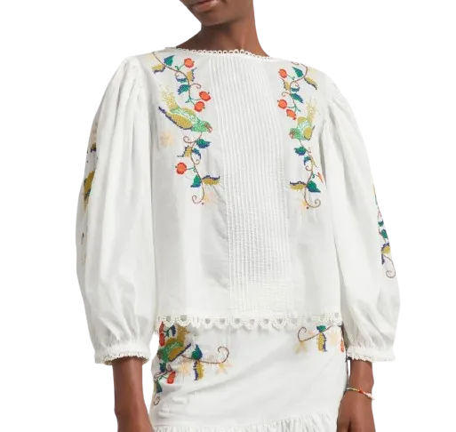 FARM RIO Pitanga Embroidered Billowy-sleeve Blouse - Off White UK M