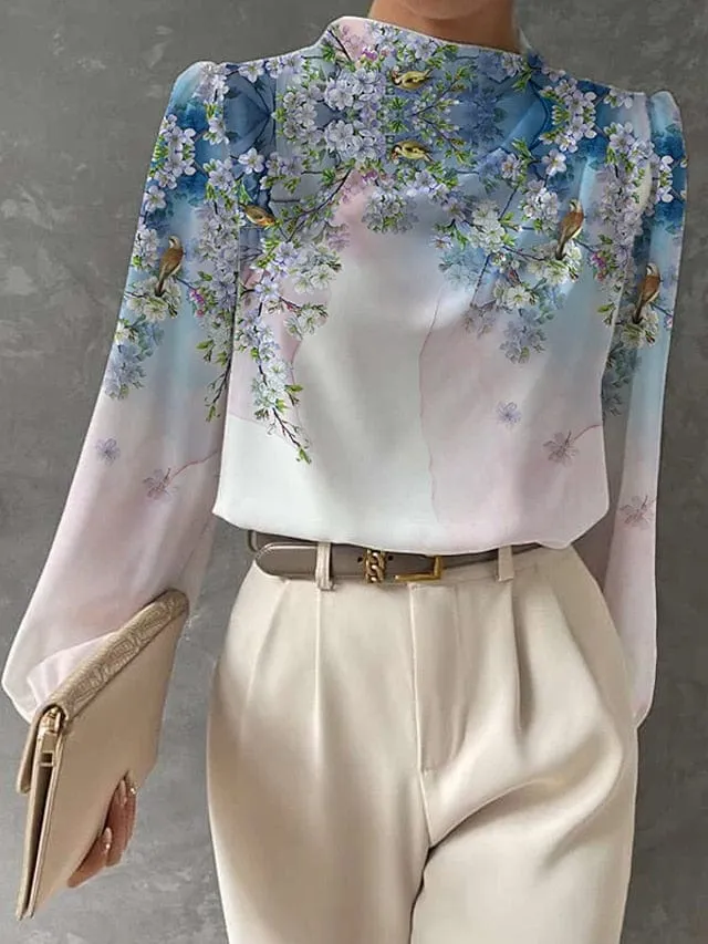 Floral Butterfly Print Long Sleeve Women's Blouse