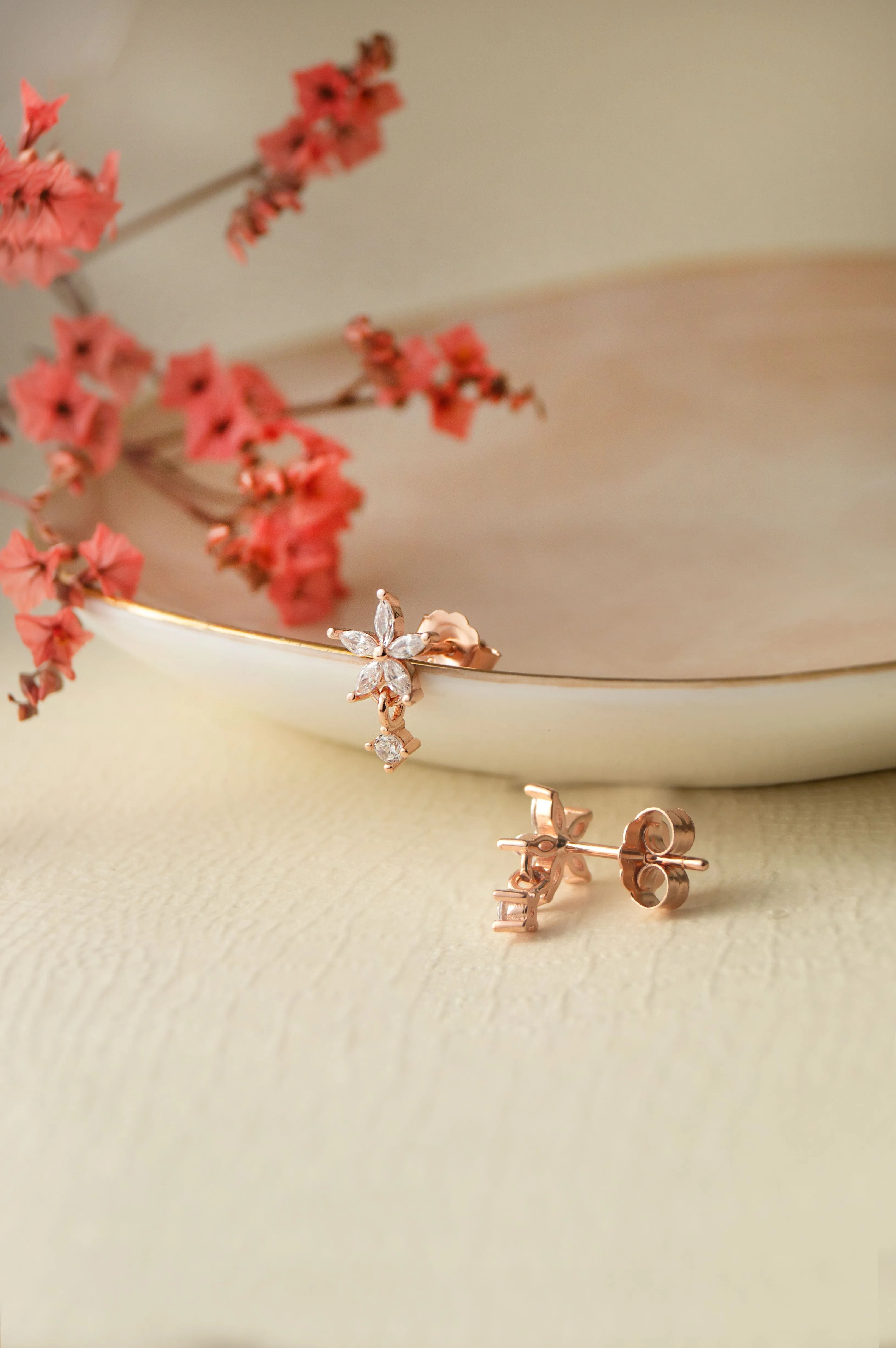 Flower With A Tiny Bling Rose Gold Plated Sterling Silver Drop Earring