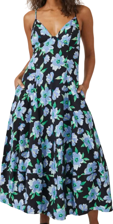 Free People Black / Blue Floral Finer Things Maxi Dress UK L