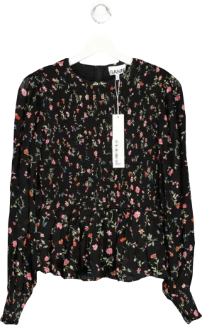 Ganni Black floral shirred Jacquard Pattern Blouse UK 10