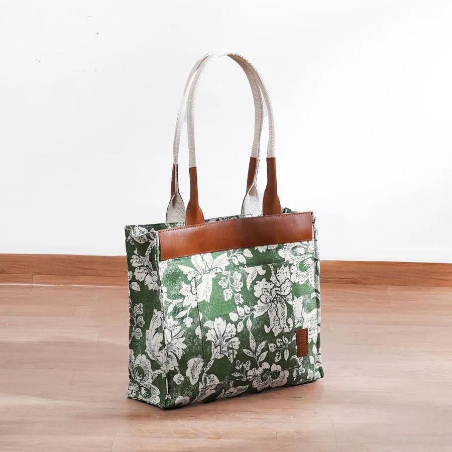 Green Dominoterie print cotton and leather tote bag, large tote, shoulder bag