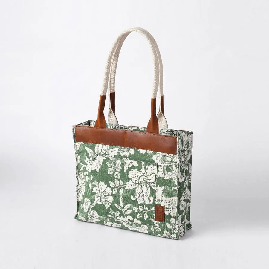 Green Dominoterie print cotton and leather tote bag, large tote, shoulder bag