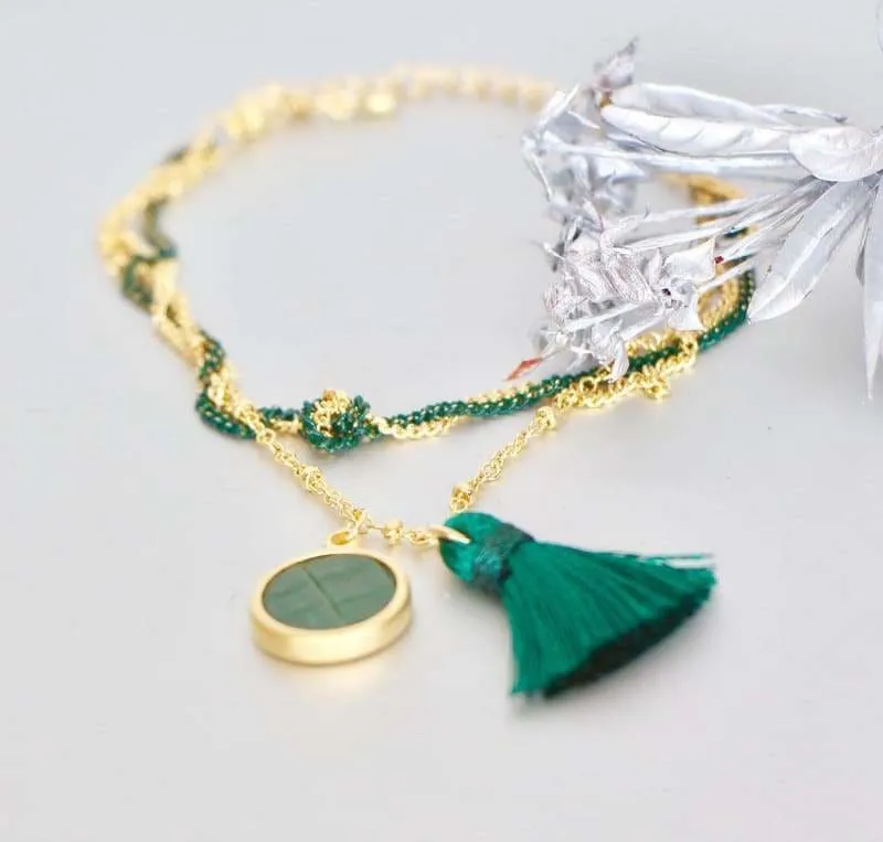 Green Tassel Charm Bracelet dipped in Gold MB24