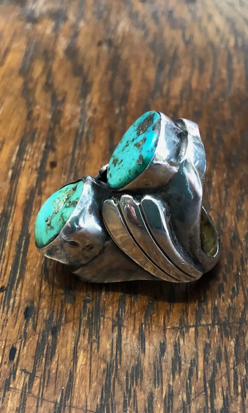 GREEN WITH ENVY Vintage Green Turquoise & Silver Double Decker Ring, Sz 10 1/4