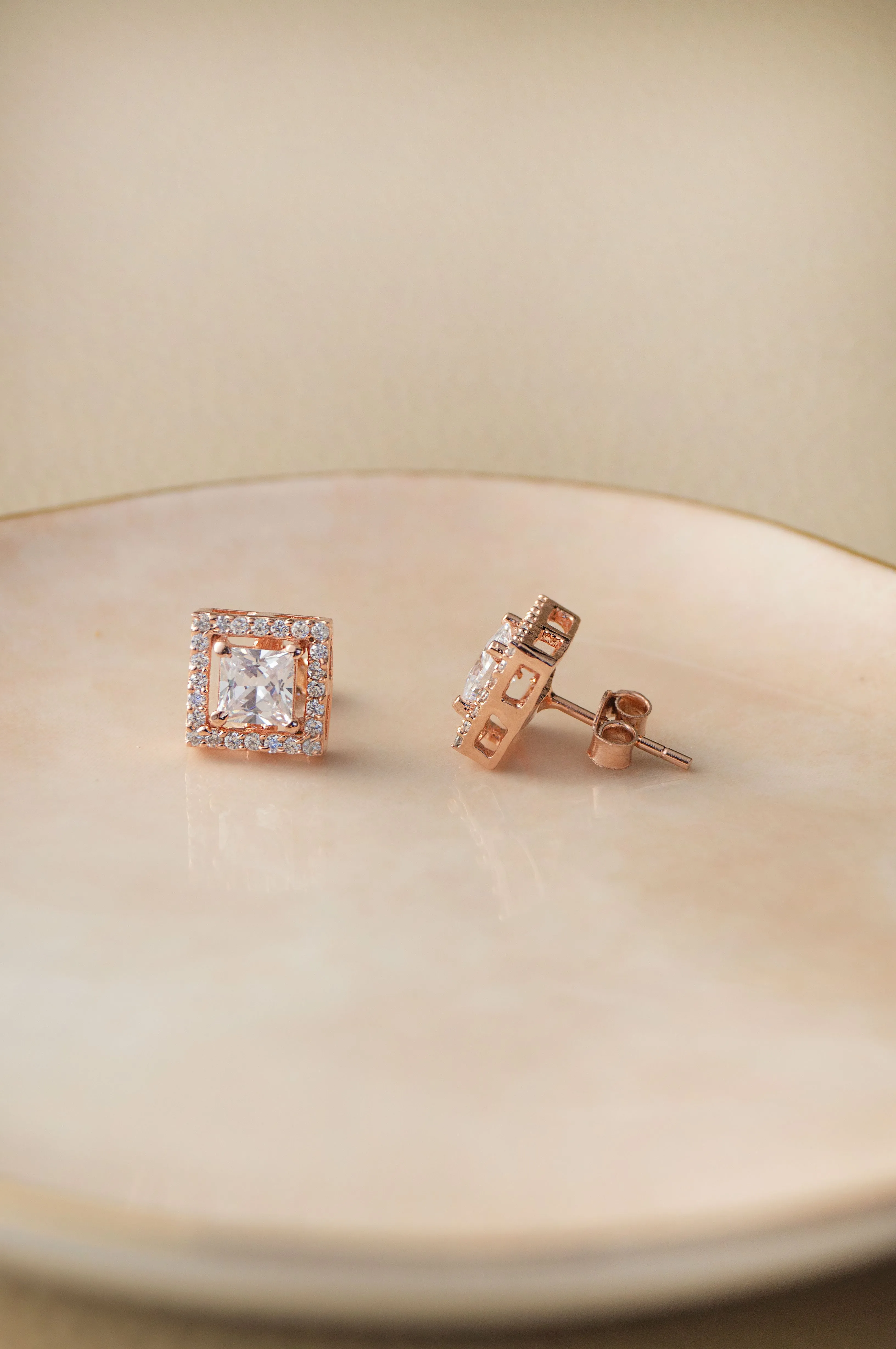 Halo Square Solitaire Rose Gold Plated Sterling Silver Earrings