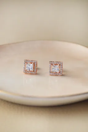 Halo Square Solitaire Rose Gold Plated Sterling Silver Earrings