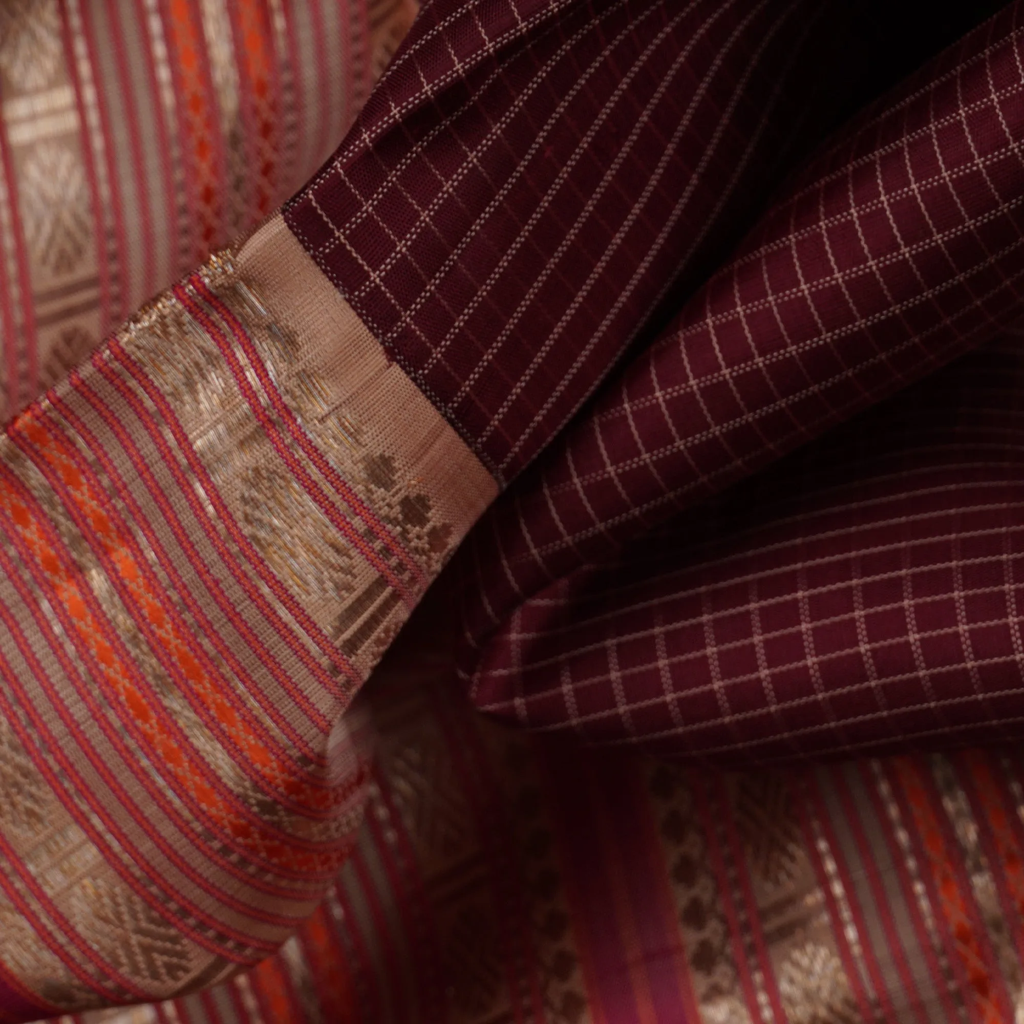 Handwoven Maroon with Peach and Grey Kajivaram Silk Saree - 1628T006334DSC