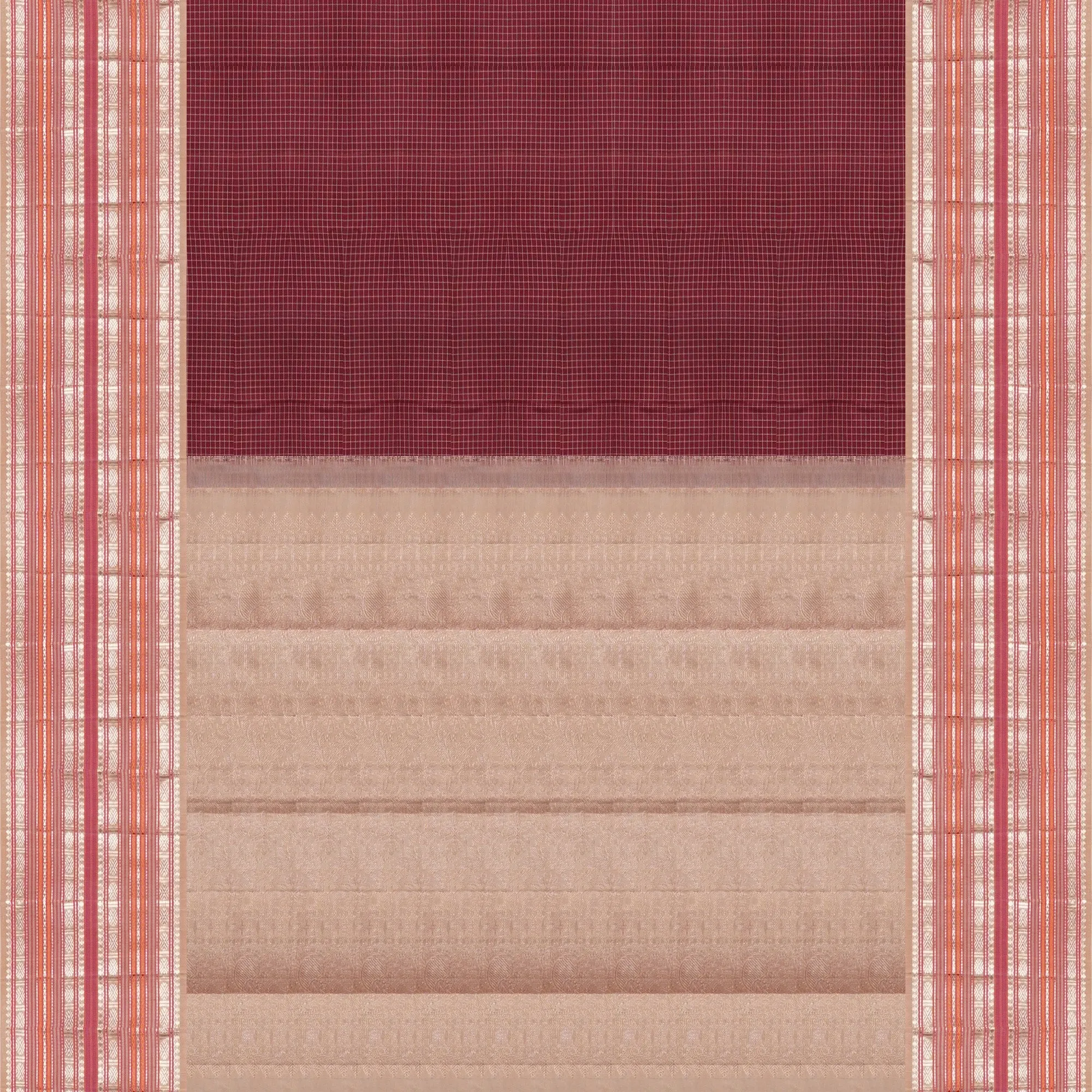 Handwoven Maroon with Peach and Grey Kajivaram Silk Saree - 1628T006334DSC