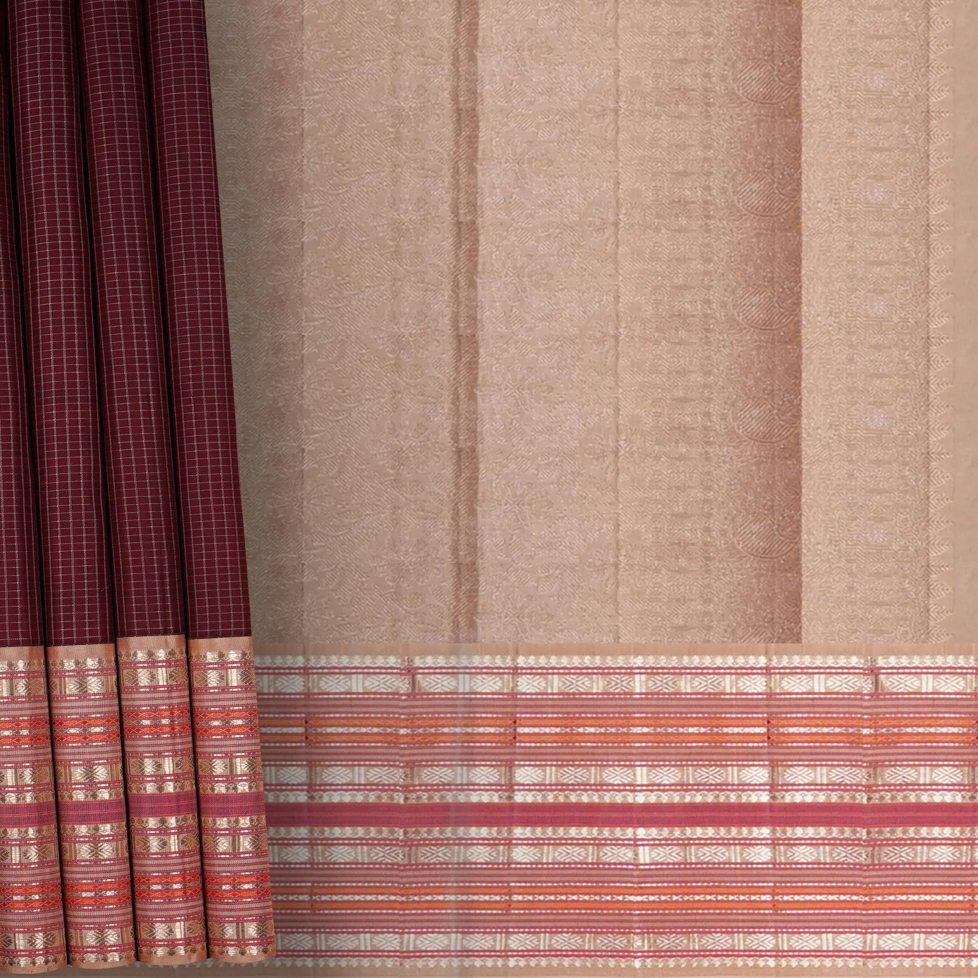 Handwoven Maroon with Peach and Grey Kajivaram Silk Saree - 1628T006334DSC