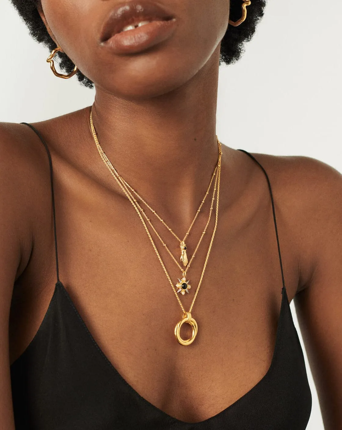 Harris Reed Handpicked Double Chain Pendant Necklace | 18ct Gold Plated/Pearl & Onyx