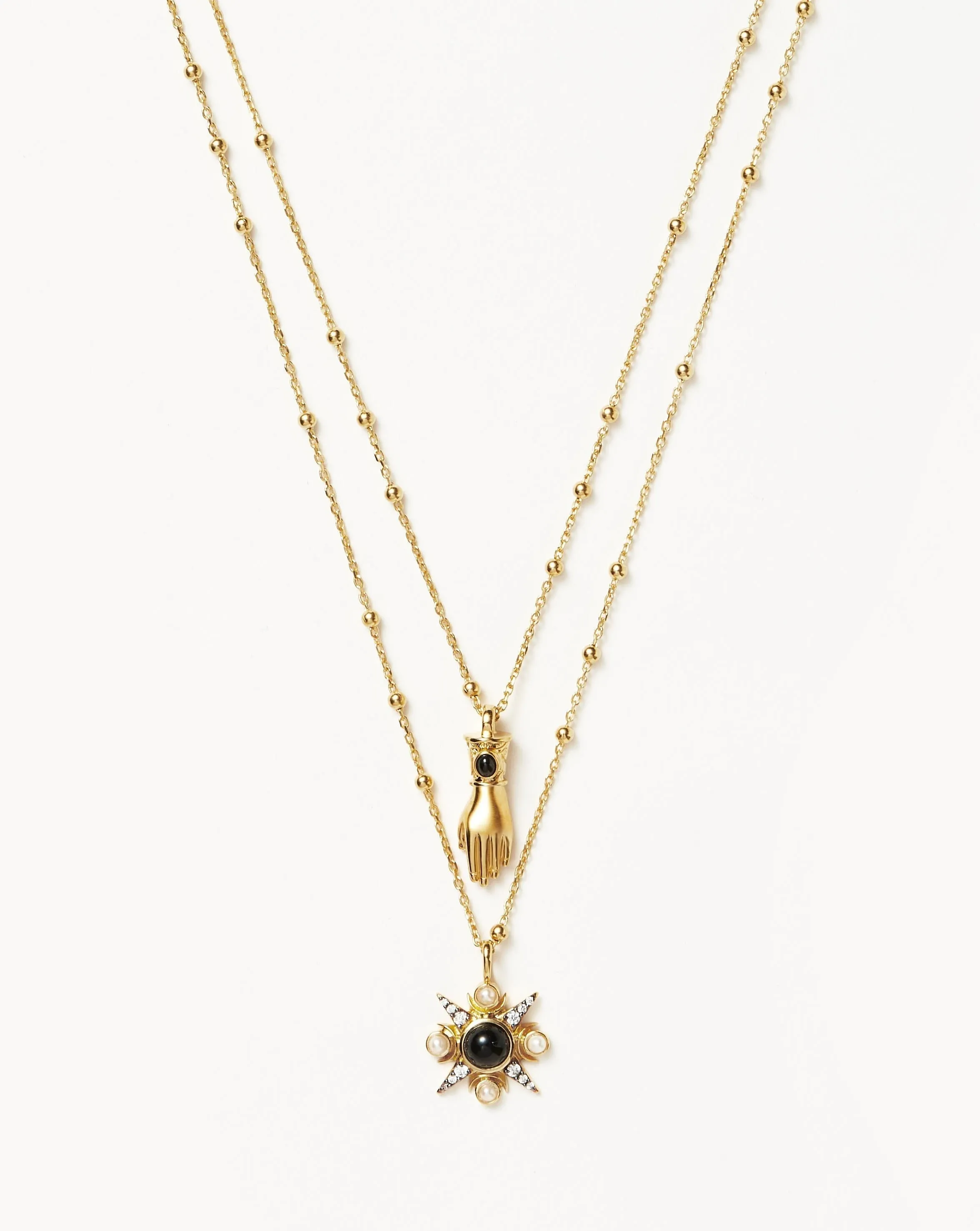 Harris Reed Handpicked Double Chain Pendant Necklace | 18ct Gold Plated/Pearl & Onyx