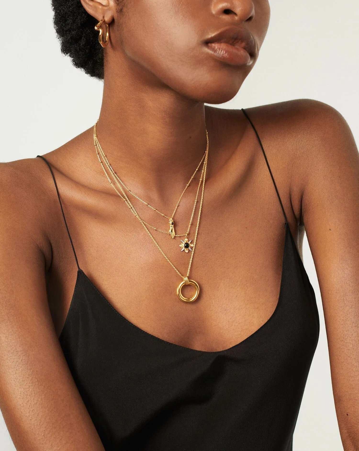 Harris Reed Handpicked Double Chain Pendant Necklace | 18ct Gold Plated/Pearl & Onyx