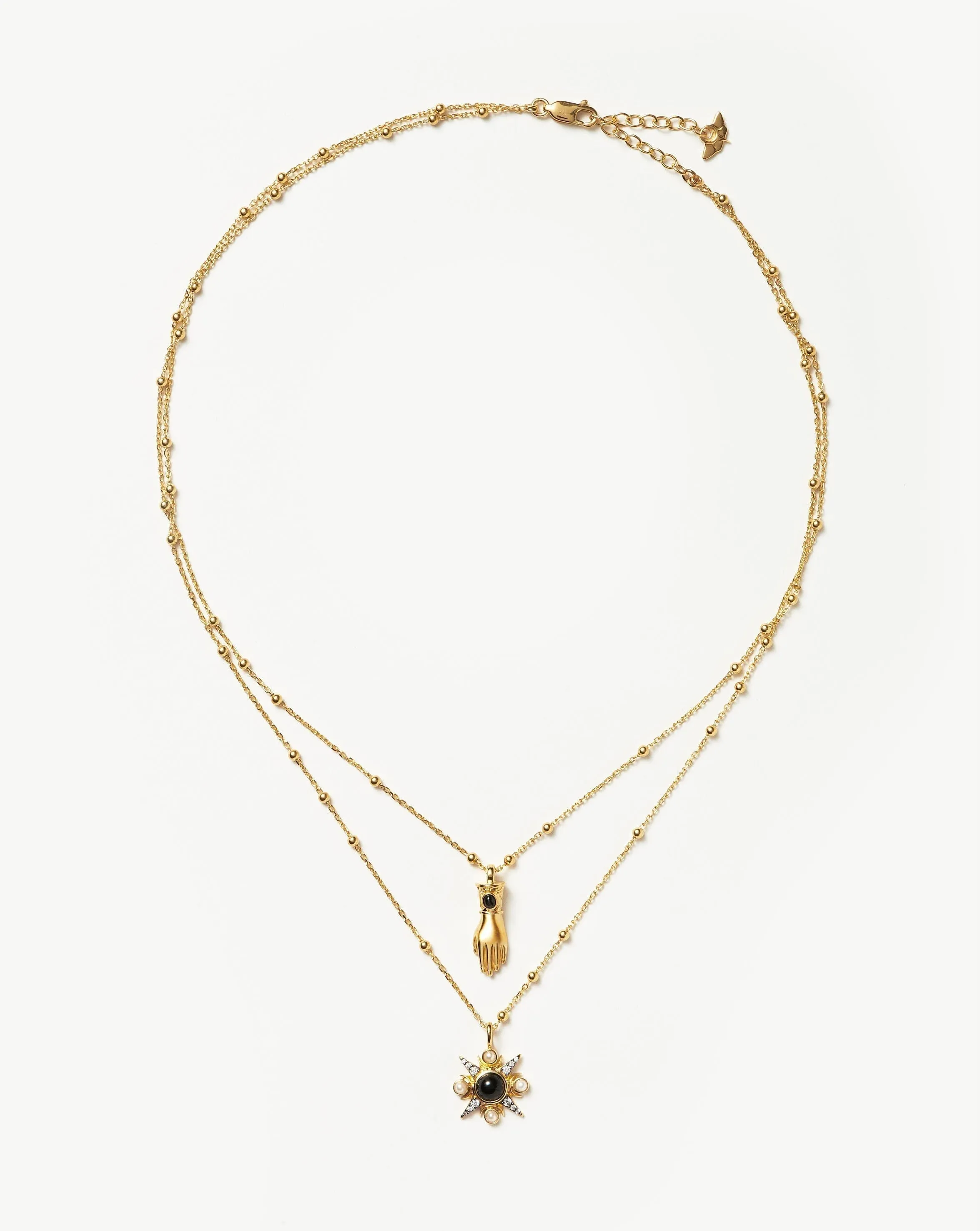 Harris Reed Handpicked Double Chain Pendant Necklace | 18ct Gold Plated/Pearl & Onyx