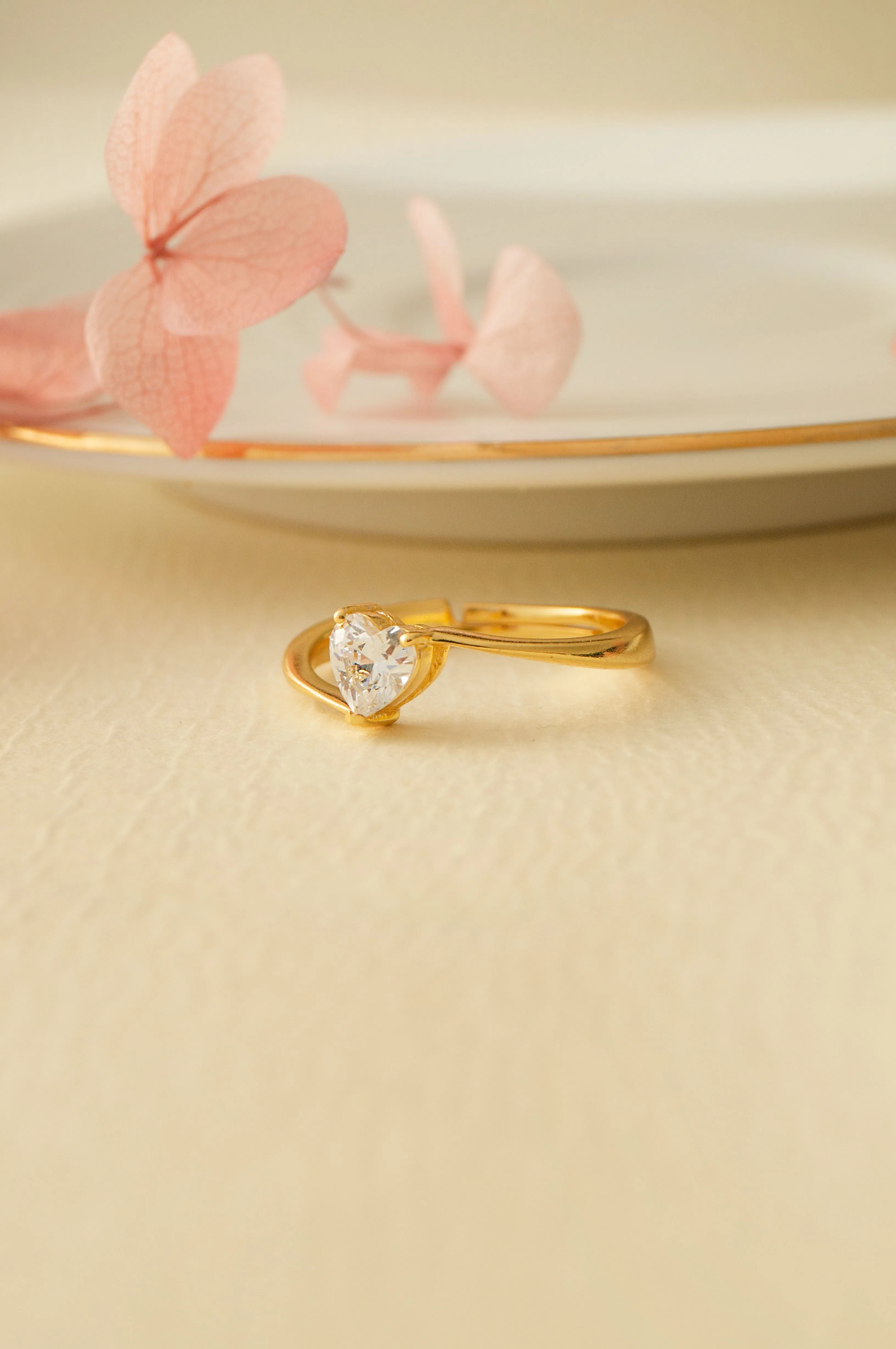 Heart Solitaire Gold Plated Sterling Silver Adjustable Ring