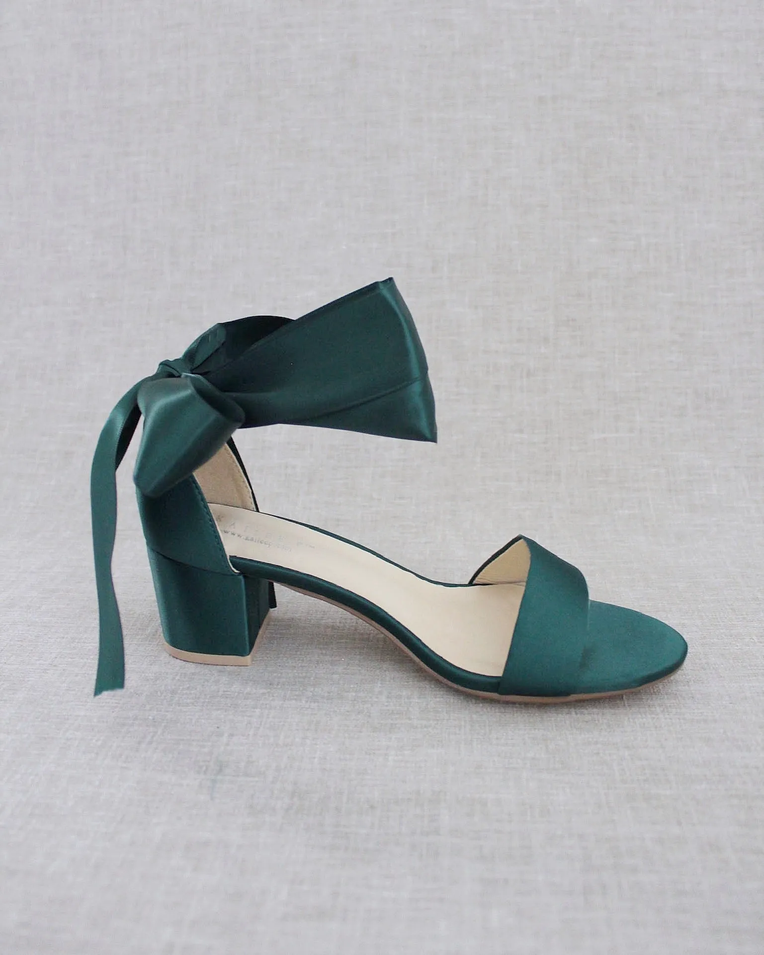 Hunter Green Satin Block Heel Sandal with Wrapped Satin Tie