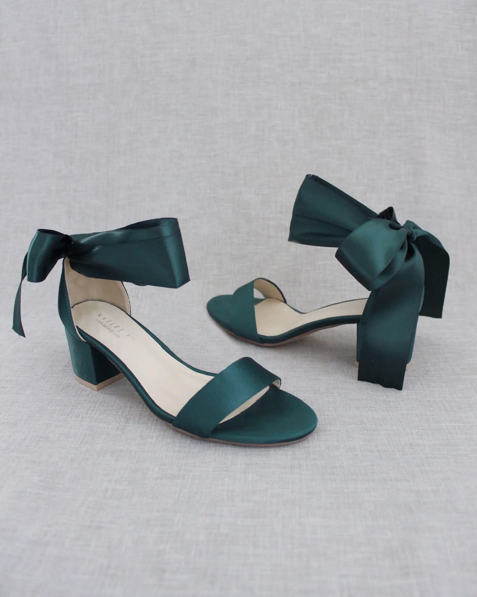 Hunter Green Satin Block Heel Sandal with Wrapped Satin Tie