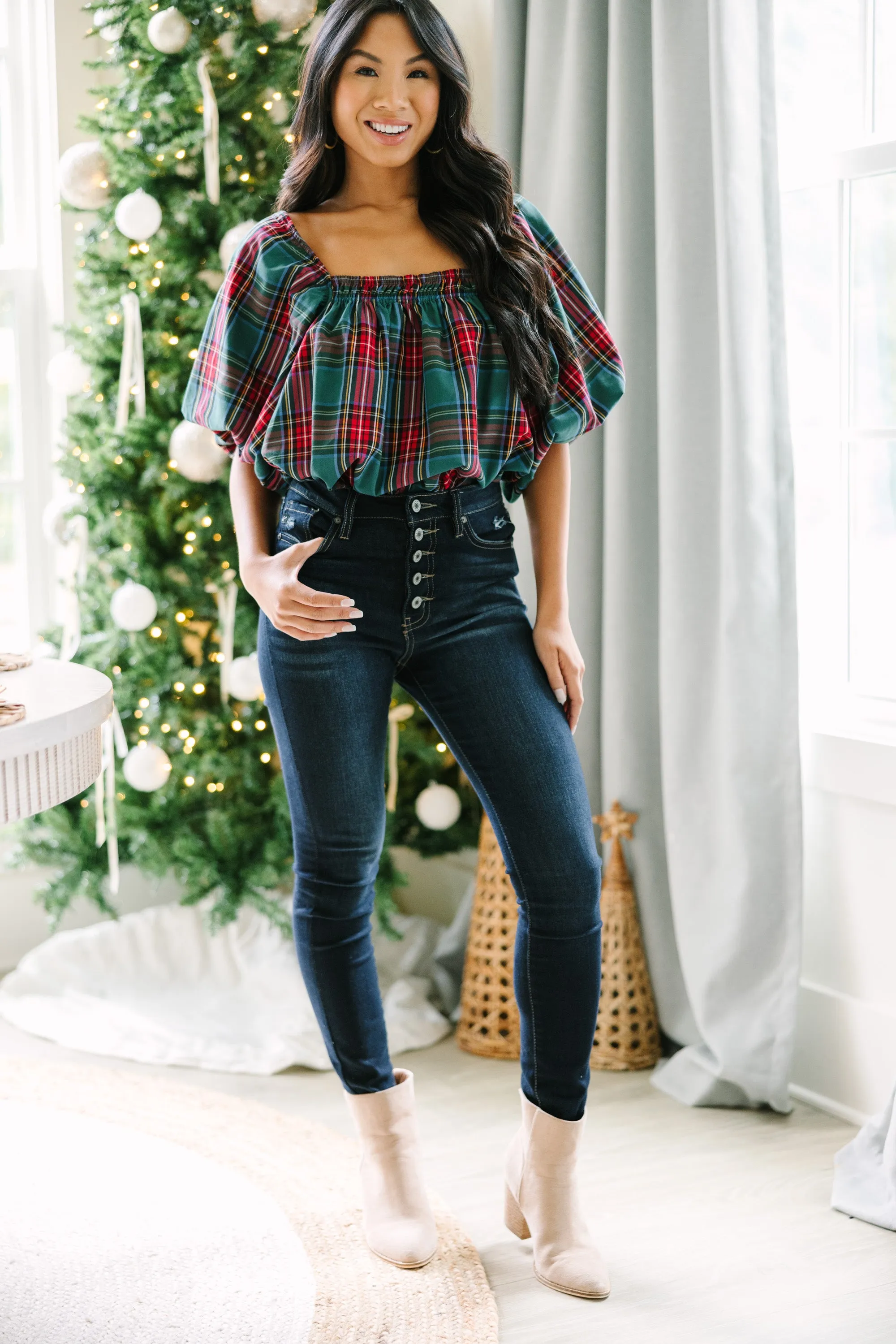 In Your Heart Emerald Green Tartan Plaid Blouse