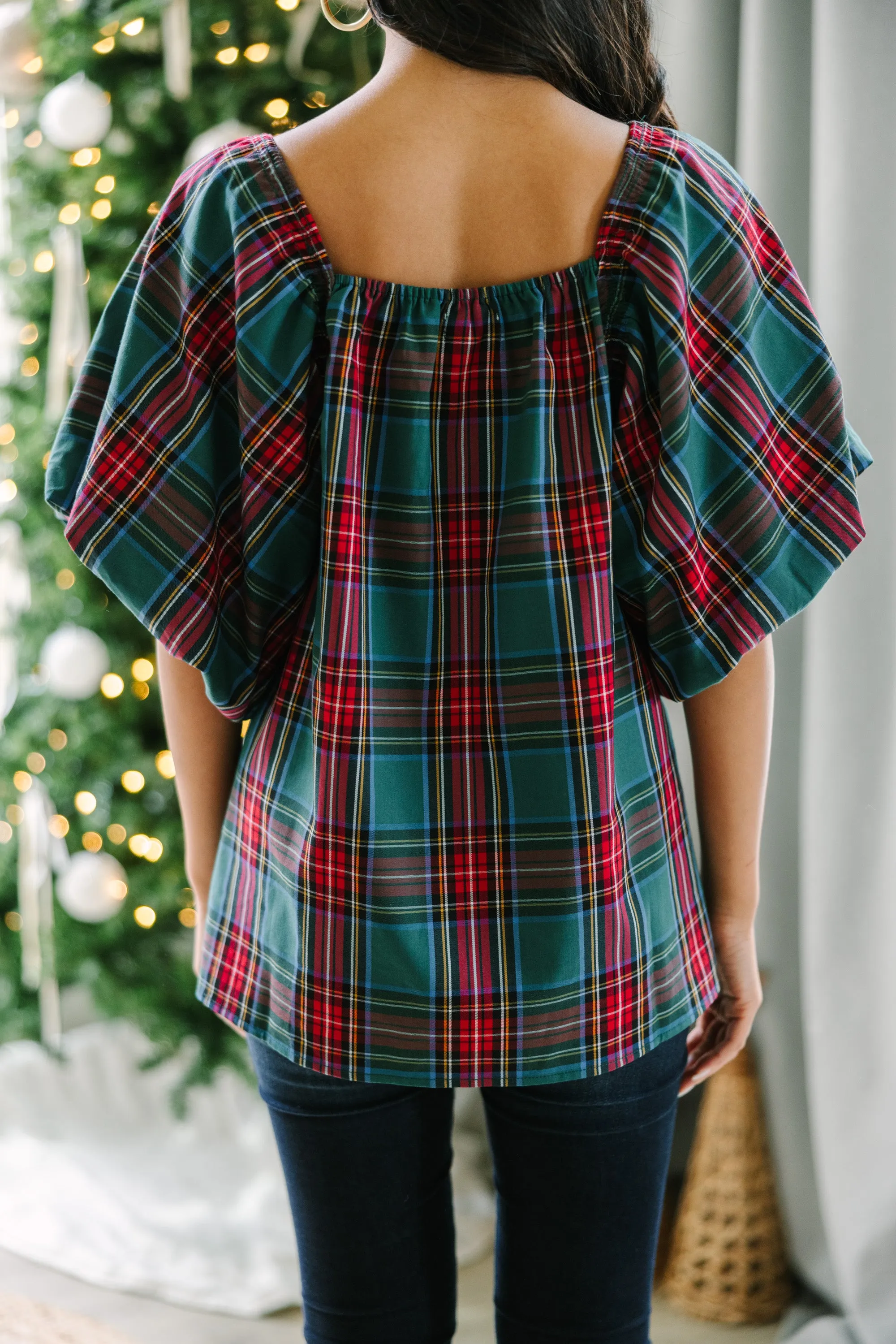 In Your Heart Emerald Green Tartan Plaid Blouse