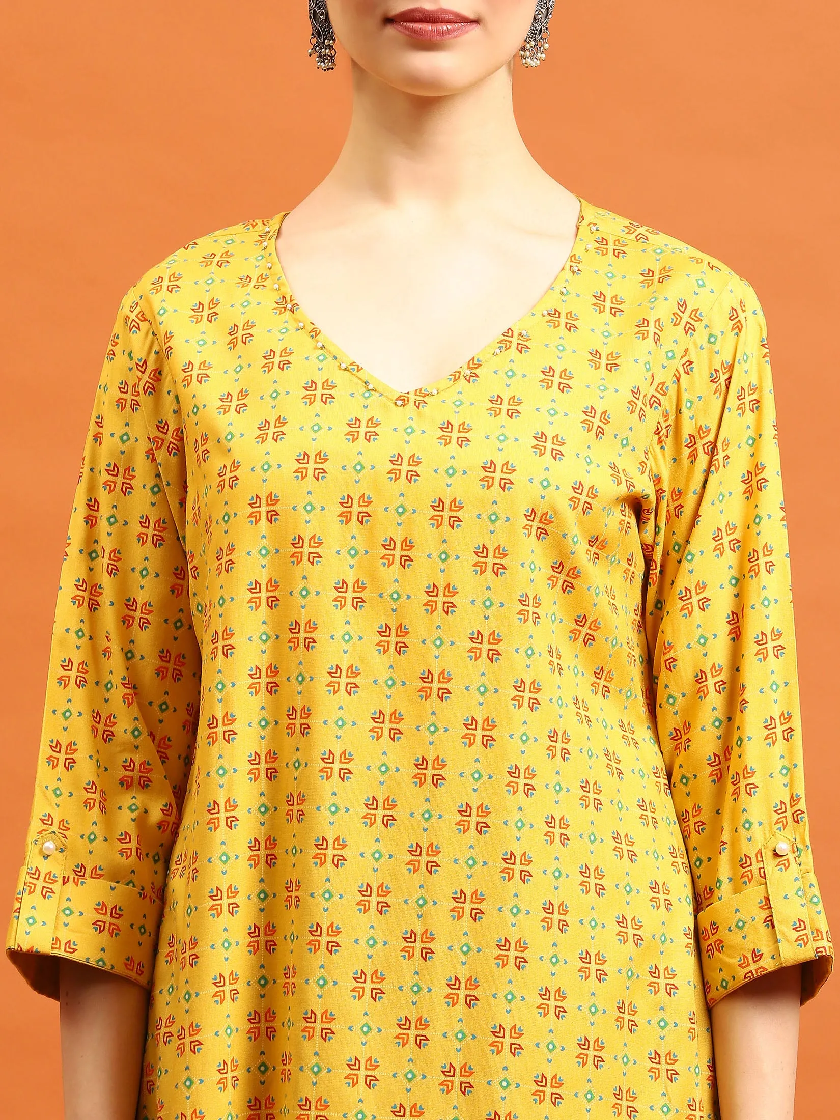 Indiessence Women Mustard Geometric Printed Kurta