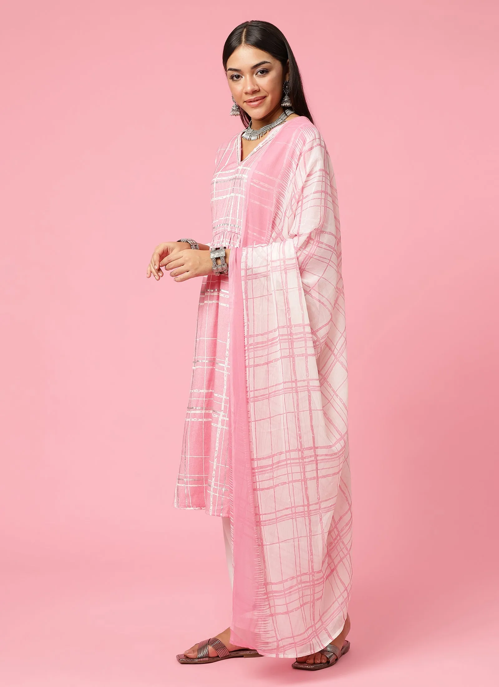 Indiessence Women Pink Abstract Printed Kurta Trouser Dupatta